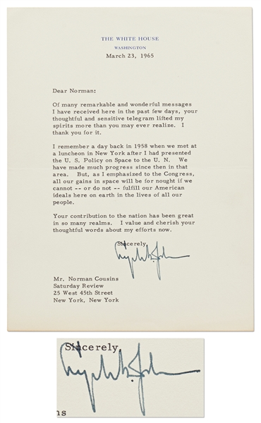 Lyndon B. Johnson Letter Signed as President -- Dated 23 March 1965, Shortly After His Joint Speech to Congress to Promote the Voting Rights Act