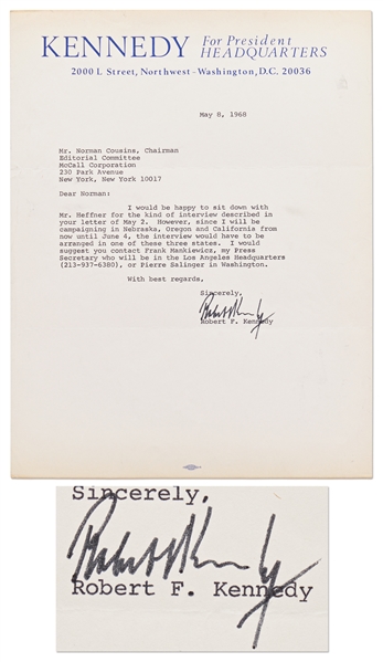 Robert F. Kennedy Letter Signed on 8 May 1968, One Month Before His Death, About an Interview with Hugh Hefner for ''Playboy''