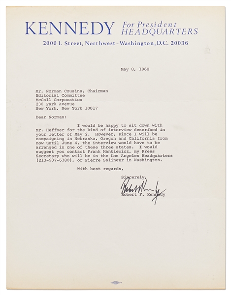 Robert F. Kennedy Letter Signed on 8 May 1968, One Month Before His Death, About an Interview with Hugh Hefner for ''Playboy''