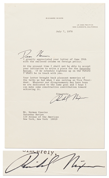 Richard Nixon Letter Signed -- Signed with His Full Name, Richard Nixon