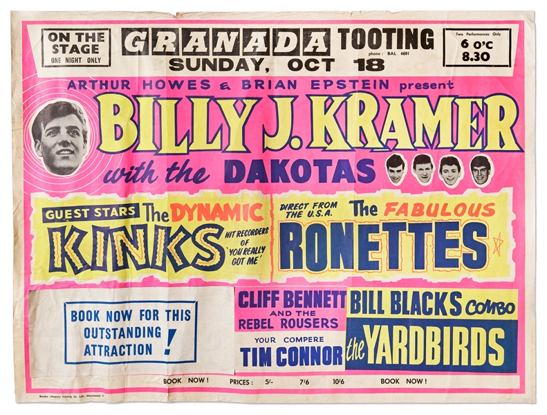 Large Quad Sized Concert Poster from 1964 Featuring the Yardbirds with Eric Clapton, the Kinks & Ronettes, Promoted by Brian Epstein
