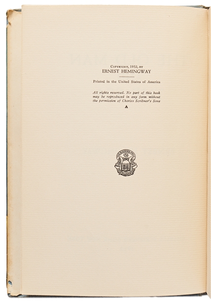 First Edition, First Printing of Ernest Hemingway's Classic Pulitzer Prize-Winning Novel ''The Old Man And The Sea'' with Dust Jacket