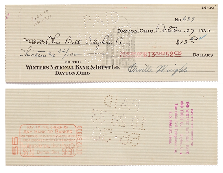 Lot of 10 Orville Wright Holograph Checks Signed -- Near Fine Condition With Bold, Full Signatures