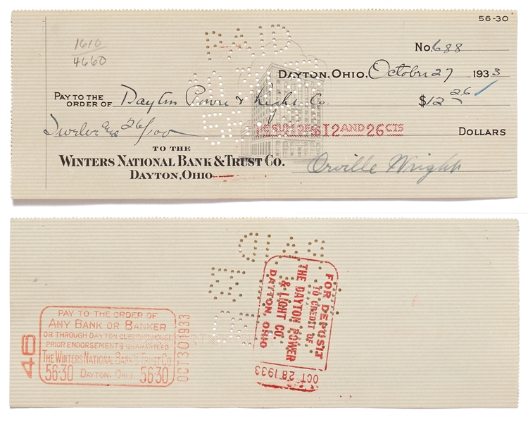 Lot of 10 Orville Wright Holograph Checks Signed -- Near Fine Condition With Bold, Full Signatures