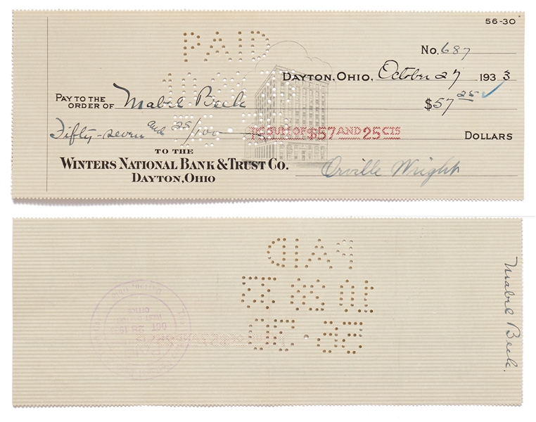 Lot of 10 Orville Wright Holograph Checks Signed -- Near Fine Condition With Bold, Full Signatures