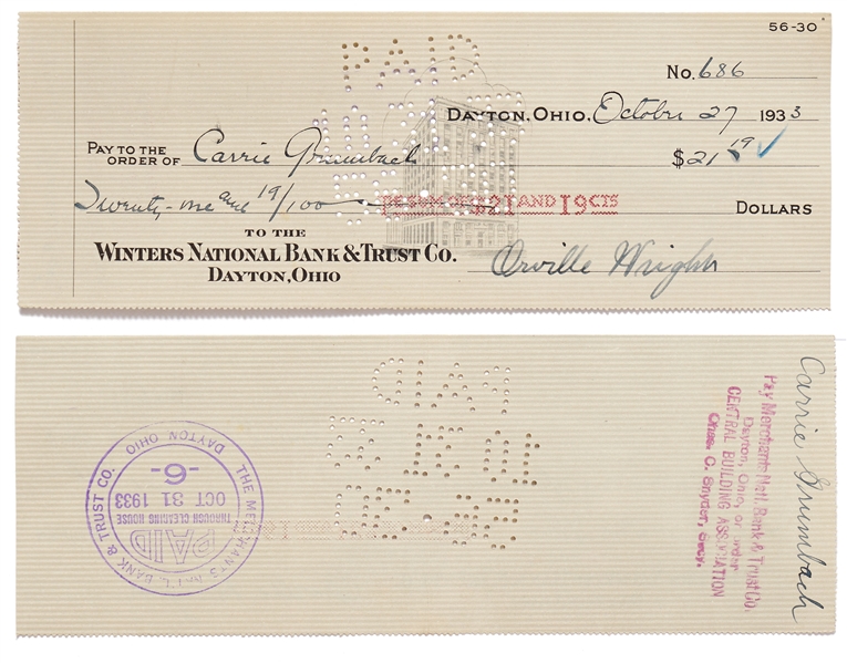 Lot of 10 Orville Wright Holograph Checks Signed -- Near Fine Condition With Bold, Full Signatures