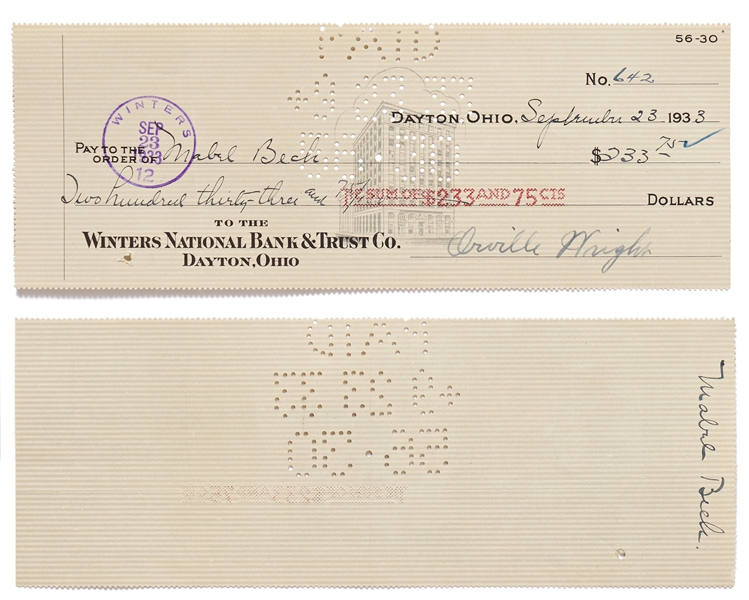 Lot of 10 Orville Wright Holograph Checks Signed -- Near Fine Condition With Bold, Full Signatures