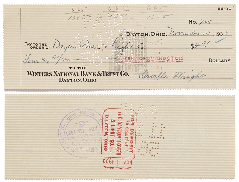 Lot of 10 Orville Wright Holograph Checks Signed -- Near Fine Condition With Bold, Full Signatures