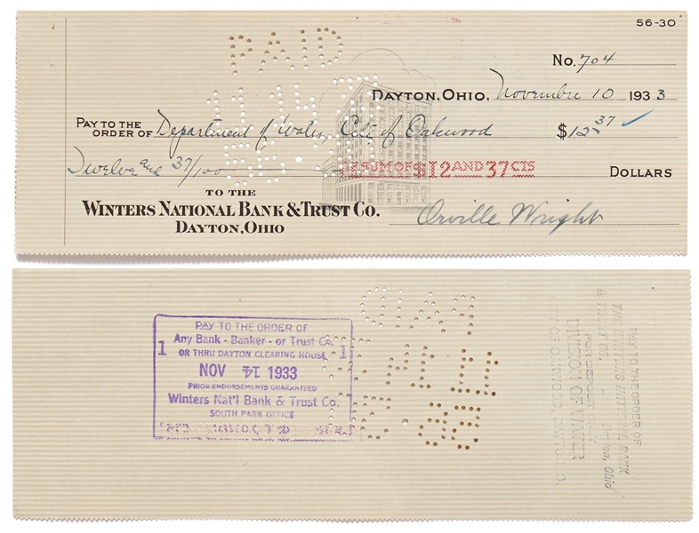 Lot of 10 Orville Wright Holograph Checks Signed -- Near Fine Condition With Bold, Full Signatures