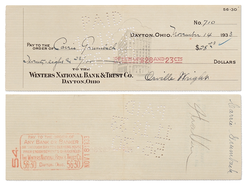 Lot of 10 Orville Wright Holograph Checks Signed -- Near Fine Condition With Bold, Full Signatures