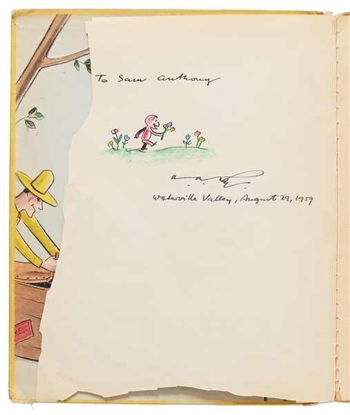 H.A. Rey Signed First Edition of ''Curious George Rides a Bike'' with Rey Also Drawing an Illustration of the Curious Monkey