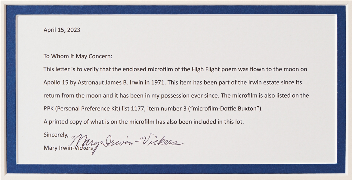 Apollo 15 Space Flown ''High Flight'' Poem on Microfilm -- From the Personal Collection of Astronaut James Irwin
