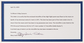 Apollo 15 Space Flown ''High Flight'' Poem on Microfilm -- From the Personal Collection of Astronaut James Irwin
