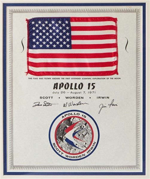 Apollo 15 Space Flown Flag, on NASA Certificate Signed by the Crew -- Framed with Apollo 15 Crew-Signed First Day Cover -- From the Personal Collection of Astronaut James Irwin