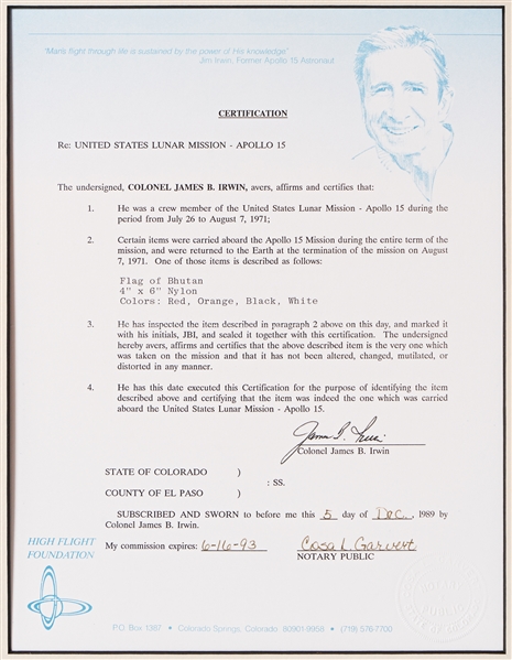 Apollo 15 Space Flown Flag of Bhutan -- From the Personal Collection of James Irwin & Accompanied by a Notarized Statement Signed by Irwin