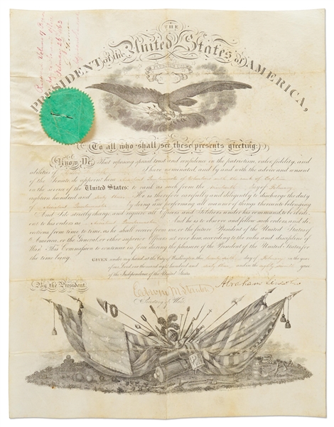 Abraham Lincoln Military Appointment Signed -- With Full ''Abraham Lincoln'' Signature