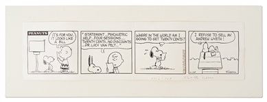 Original Charles Schulz Hand-Drawn Peanuts Comic Strip from 1968 Starring Snoopy & Charlie Brown -- With Mention of Lucys Psychiatric Sessions & One of Schulzs Favorite Artists, Andrew Wyeth