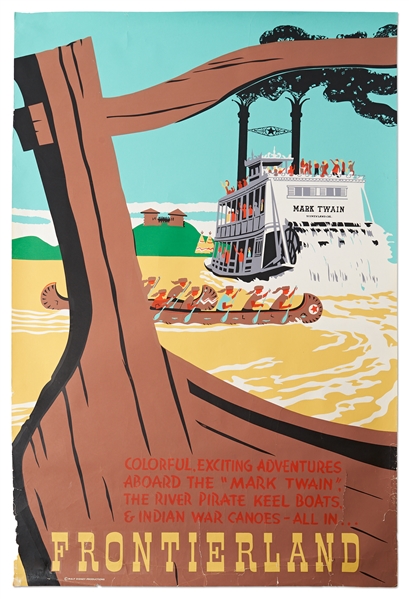 Original Disneyland Frontierland Silk-Screened Park Attraction Poster Featuring the Mark Twain Riverboat