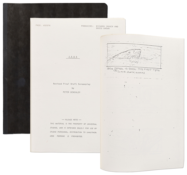 ''JAWS'' Script from 1974 -- Revised Final Draft Screenplay Runs 123pp. Plus 96pp. of Storyboards