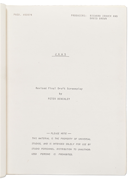 ''JAWS'' Script from 1974 -- Revised Final Draft Screenplay Runs 123pp. Plus 96pp. of Storyboards