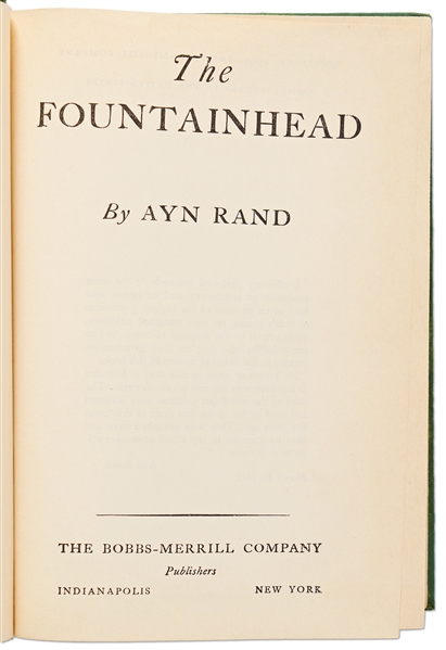 First Edition of Ayn Rand's ''The Fountainhead''
