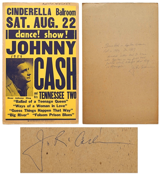 Johnny Cash Signed Concert Poster -- Cash Writes a Memory from the Day of the Concert: ''...I came into Appelton in my first new Cadillac which I bought that day...J.R. Cash'' -- With Epperson COA