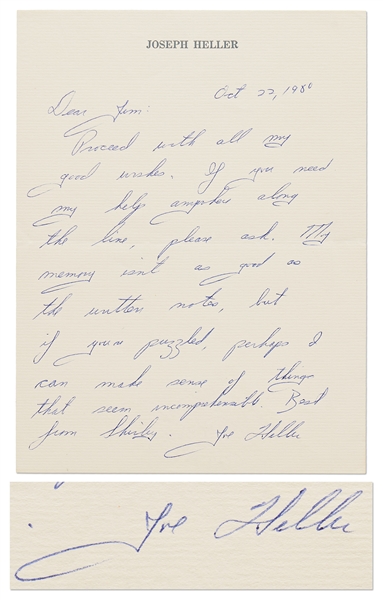Catch-22 Author Joseph Heller Autograph Letter Signed -- …My memory isnt as good as the written notes, but if youre puzzled, perhaps I can make sense of things…
