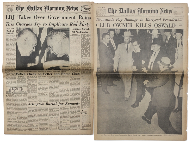 ''The Dallas Morning News'' Announces ''CLUB OWNER KILLS OSWALD'' & Second Paper ''LBJ Takes Over Government Reins''