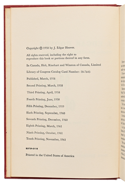 J. Edgar Hoover Signed First Edition ''Masters of Deceit''