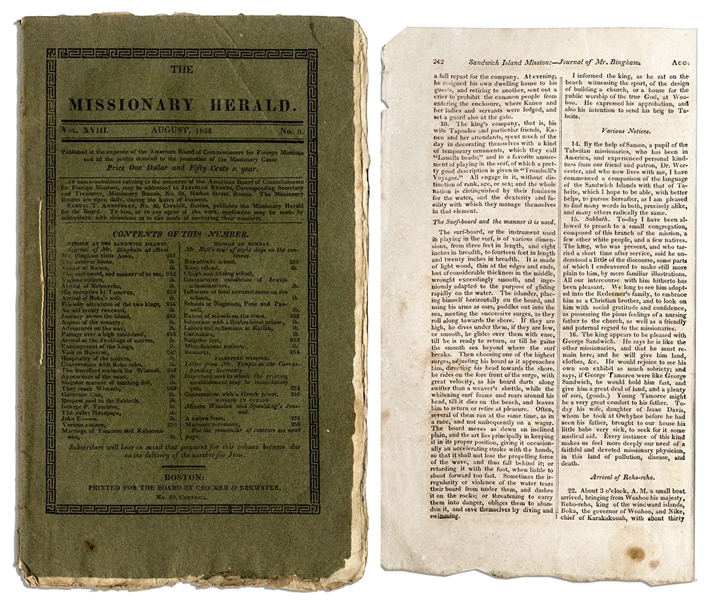 One of the First Articles Describing Surfing -- Scarce 1822 Edition of ''The Missionary Herald'' Magazine -- ''...he rides on the fore front of the surge...''