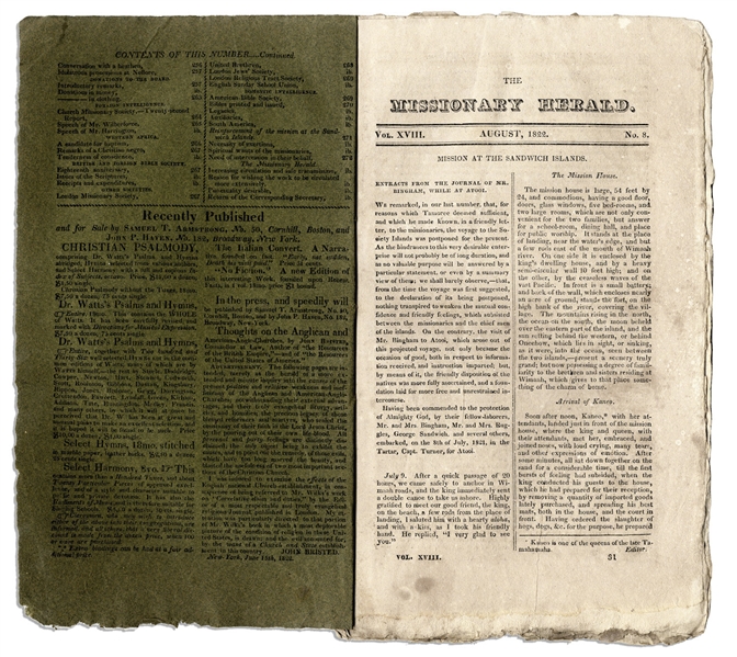 One of the First Articles Describing Surfing -- Scarce 1822 Edition of ''The Missionary Herald'' Magazine -- ''...he rides on the fore front of the surge...''