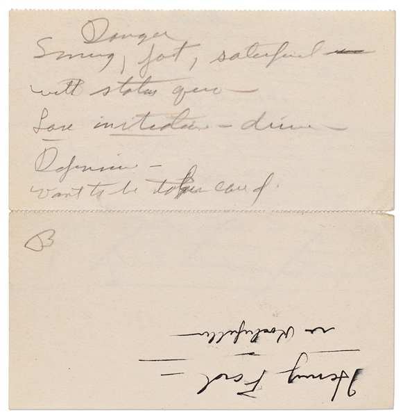 Richard Nixon Handwritten Notes -- Written as Source Material for His Biographer Circa 1958 -- ''...Danger, Smug, fat, satisfied with status quo / want to be taken care of...''