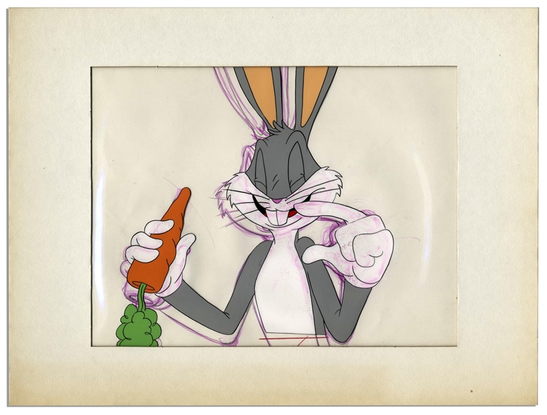 Bugs Bunny Animation Cel -- A Rare Work in Progress, With Pencil Sketch of Bugs Underneath the Cel -- Owned by Ray Bradbury