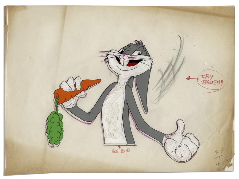 Bugs Bunny Animation Cel -- A Rare Work in Progress, With Pencil Sketch of Bugs Underneath the Cel -- Owned by Ray Bradbury