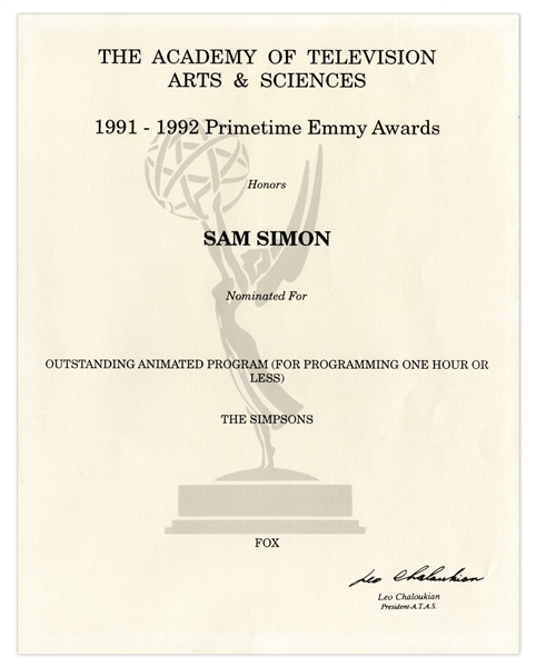 Emmy Nomination for The Simpsons Given to Sam Simon in 1992 -- From the Sam Simon Estate