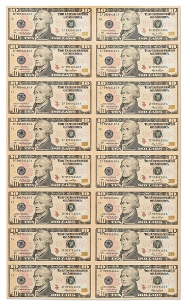 Uncut Sheet of 16 $10 Federal Reserve Notes -- Series 2006 -- Near Fine