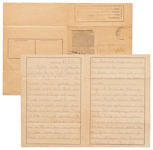 WWII Letter From a Prisoner at the Auschwitz Concentration Camp From 1943 -- With Auschwitz Censor Stamp and Postmark