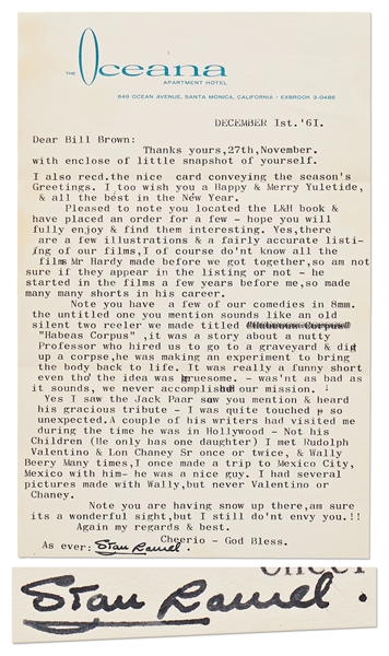 Stan Laurel Letter Signed -- …an old silent two reeler we made titled Habeas Corpus, it was a story about a nutty Professor who hired us to go to a graveyard & dig up a corpse…