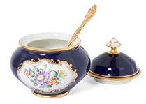 Margaret Thatcher Personally Owned China -- Sugar Bowl in a Navy Blue Floral Pattern, With Matching Gold-Colored Spoon