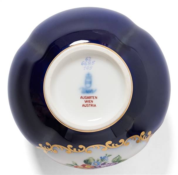Margaret Thatcher Personally Owned China -- Sugar Bowl in a Navy Blue Floral Pattern, With Matching Gold-Colored Spoon