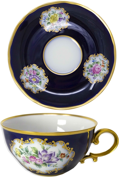 Margaret Thatcher Personally Owned China -- Tea Cup & Saucer in a Navy Blue Floral Pattern