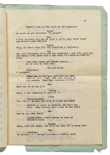 Moe Howard's Personally Owned ''HATS'' Script, Circa 1933 -- Similar to the ''New Hat'' Scene with Ted Healy