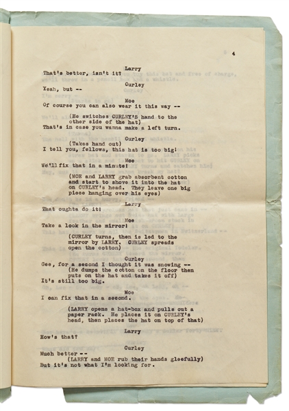 Moe Howard's Personally Owned ''HATS'' Script, Circa 1933 -- Similar to the ''New Hat'' Scene with Ted Healy