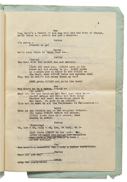 Moe Howard's Personally Owned ''HATS'' Script, Circa 1933 -- Similar to the ''New Hat'' Scene with Ted Healy