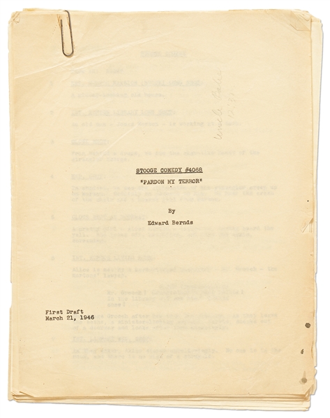 Moe Howards Script for Pardon My Terror, Originally Written for The Three Stooges, but Unproduced due to Curlys Stroke -- Then Repurposed for Shemp as Who Done It? -- With Moes Edits