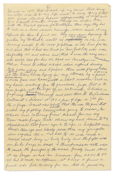Moe Howards Handwritten Manuscript Page When Writing His Autobiography -- Moe Tells of His Early Years Skipping School, Wanting to Be an Actor, Getting Into Fights & Hunting Frogs