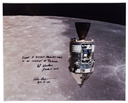 Al Worden & Dave Scott Signed 20'' x 16'' Photo of the Apollo 15 Command Module Against the Moon -- Worden Additionally Writes ''EARTH: A distant memory seen in an instant of repose''