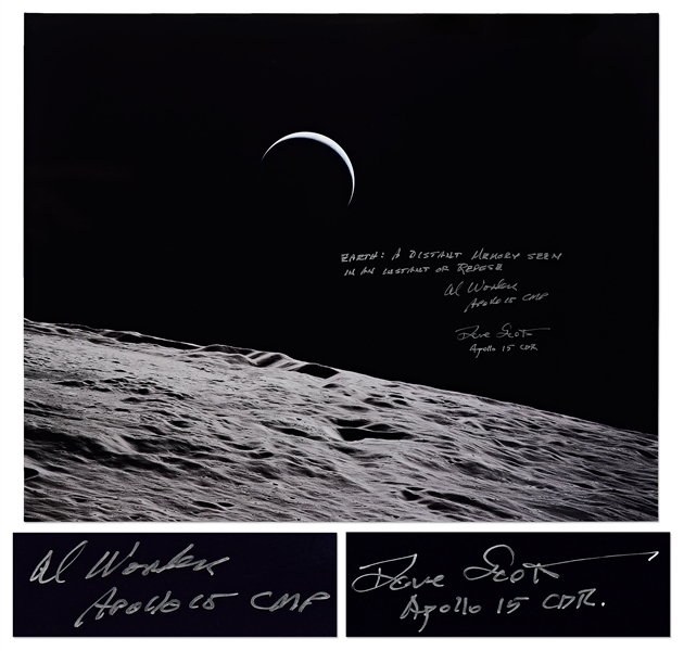 Al Worden & Dave Scott Signed 20 x 16 Photo of the Earth From a Lunar Vantage Point -- Worden Additionally Writes Earth: A distant memory seen in an instant of repose