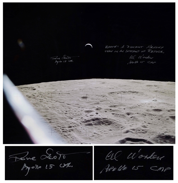 Al Worden & Dave Scott Signed 20 x 16 Photo of the Earth From a Lunar Vantage Point -- Worden Additionally Writes Earth: A distant memory seen in an instant of repose