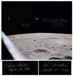 Al Worden & Dave Scott Signed 20 x 16 Photo of the Earth From a Lunar Vantage Point -- Worden Additionally Writes Earth: A distant memory seen in an instant of repose